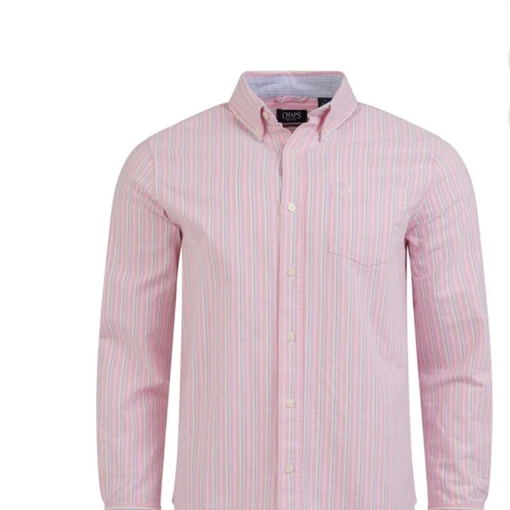 Chaps Men's Pink and White Striped Button Down Shirt